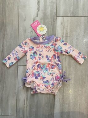 NWT RuffleButts Princess Meadow Floral Long-sleeve Rash Guard Swimsuit 3-6M